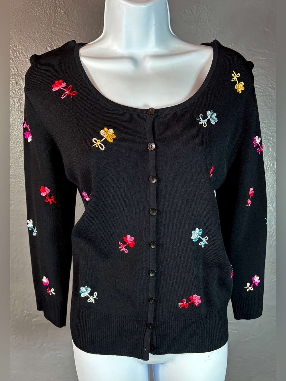 Grandmacore Joseph A. Black Button-down Floral Embellished Cardigan Size XL